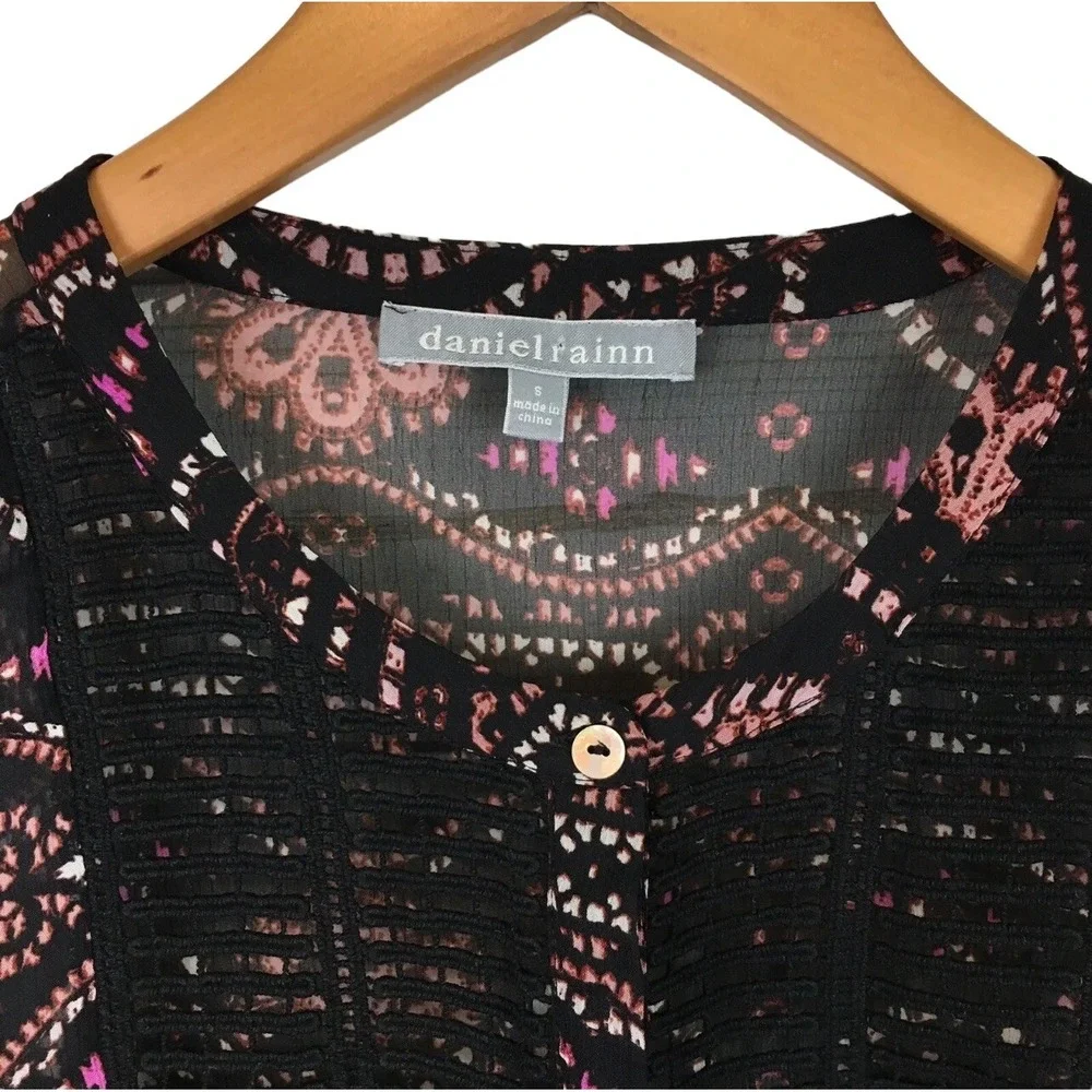 Daniel Rainn Blouse Womens Button Up Roll Tab Long Sleeve Chiffon Overlay Small